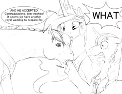 Size: 1280x989 | Tagged: safe, artist:silfoe, character:prince blueblood, character:princess celestia, oc, oc:horace octavius reginald sorrel edward, royal sketchbook, biting, clothing, dialogue, floppy ears, fluffy, frown, grayscale, hoof biting, horse-pony interaction, monochrome, nibbling, open mouth, prank, raised hoof, shocked, simple background, speech bubble, trollestia, white background, wide eyes