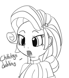 Size: 1280x1430 | Tagged: safe, artist:pabbley, character:rarity, my little pony:equestria girls, bocas top, dialogue, female, grayscale, monochrome, open mouth, simple background, solo, wat, white background