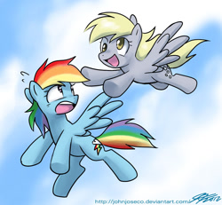 Size: 1000x922 | Tagged: safe, artist:johnjoseco, character:derpy hooves, character:rainbow dash, species:pegasus, species:pony, g4, duo, duo female, female, flying, mare, photoshop, sky