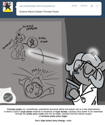 Size: 666x795 | Tagged: safe, artist:egophiliac, character:princess luna, moonstuck, chalkboard, clothing, eyes closed, female, filly, glasses, grayscale, lab coat, magic, mcdonald's, monochrome, science woona, solo, woona, woonoggles, younger