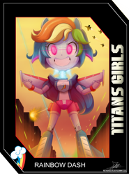 Size: 2025x2737 | Tagged: safe, artist:the-butch-x, part of a set, character:rainbow dash, my little pony:equestria girls, card, destruction, female, giantess, grin, macro, mecha, robot, signature, smiling, solo, titans girls, transformers