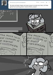 Size: 666x950 | Tagged: safe, artist:egophiliac, oc, oc:tim (egophiliac), species:pony, moonstuck, ask, book, clothing, glasses, lab coat, mind blown, monochrome, neo noir, partial color, reading, science woona, tim, tumblr, woonoggles