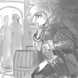 Size: 700x700 | Tagged: safe, artist:johnjoseco, character:rainbow dash, species:human, assassin's creed, crossover, ezio auditore, grayscale, humanized, monochrome