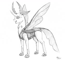 Size: 1300x1222 | Tagged: safe, artist:baron engel, character:thorax, species:changeling, species:reformed changeling, episode:to where and back again, g4, my little pony: friendship is magic, male, monochrome, pencil drawing, simple background, sketch, smiling, solo, traditional art, white background