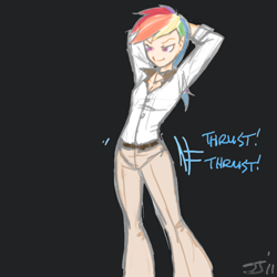 Size: 1000x1000 | Tagged: safe, artist:johnjoseco, artist:redge, edit, character:rainbow dash, species:human, breasts, clothing, color edit, colored, dancing, disco, female, hot stuff, humanized, pelvic thrust, saturday night fever, sexy, simple background, solo, stupid sexy rainbow dash