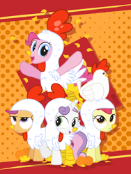 Size: 900x1200 | Tagged: safe, artist:dm29, character:apple bloom, character:pinkie pie, character:scootaloo, character:sweetie belle, species:chicken, species:pegasus, species:pony, adorabloom, animal costume, chicken suit, chinese new year, clothing, confetti, costume, cute, cutealoo, cutie mark crusaders, diapinkes, diasweetes, elizabeak, food, gold ingot, grumpy, julian yeo is trying to murder us, orange, scootachicken, unamused, year of the rooster