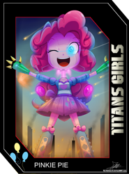 Size: 2025x2737 | Tagged: safe, artist:the-butch-x, part of a set, character:pinkie pie, my little pony:equestria girls, boots, card, clothing, female, giantess, happy, macro, mecha, modular, one eye closed, open mouth, robot, signature, skirt, smiling, solo, titans girls, transformers, wink