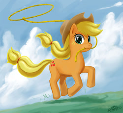 Size: 1500x1380 | Tagged: safe, artist:johnjoseco, character:applejack, species:earth pony, species:pony, g4, female, lasso, mare, mouth hold, photoshop, running, solo
