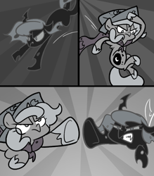 Size: 666x761 | Tagged: safe, artist:egophiliac, character:princess luna, oc, oc:imogen, species:alicorn, species:changeling, species:pony, moonstuck, cartographer's cap, changeling queen, changeling queen oc, clothing, female, filly, grayscale, hat, jumping, marauder's mantle, monochrome, sunburst background, woona, younger