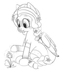 Size: 1280x1476 | Tagged: safe, artist:pabbley, character:fluttershy, alternate hairstyle, bodypaint, braid, braided tail, druid, female, flower, flutterdruid, grayscale, magic, missing cutie mark, monochrome, simple background, sitting, solo, white background