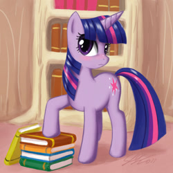 Size: 1000x1001 | Tagged: safe, artist:johnjoseco, character:twilight sparkle, character:twilight sparkle (unicorn), species:pony, species:unicorn, blushing, book, female, golden oaks library, mare, photoshop, raised hoof, solo, twaifu