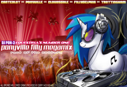 Size: 1200x825 | Tagged: safe, artist:johnjoseco, character:dj pon-3, character:vinyl scratch, species:pony, species:unicorn, g4, crowd, female, headphones, mare, photoshop, poster, solo focus, text