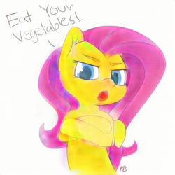 Size: 512x512 | Tagged: safe, artist:pabbley, edit, character:fluttershy, colored, crossed arms, dialogue, female, paintschainer, simple background, solo, white background