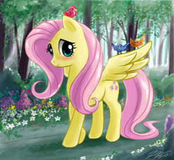 Size: 1100x1012 | Tagged: safe, artist:johnjoseco, character:fluttershy, species:bird, species:pegasus, species:pony, g4, blushing, cute, female, forest, mare, photoshop, solo