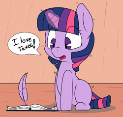 Size: 1280x1216 | Tagged: safe, artist:pabbley, artist:php47, character:twilight sparkle, species:pony, species:unicorn, colored, cute, dialogue, female, horse taxes, levitation, looking down, magic, missing cutie mark, open mouth, quill, sitting, solo, taxes, telekinesis, that pony sure does love taxes