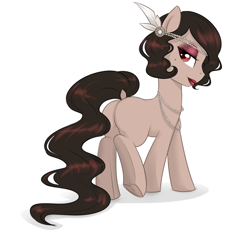 Size: 969x901 | Tagged: safe, artist:askbubblelee, oc, oc only, oc:imago, oc:klara kisser, species:earth pony, species:pony, beauty mark, blank flank, disguise, eyeshadow, feather, feather in hair, female, flapper, jewelry, lidded eyes, lipstick, long tail, looking back, makeup, mare, necklace, pearl necklace, plot, simple background, smiling, underhoof