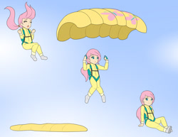 Size: 1280x988 | Tagged: safe, artist:jonfawkes, character:fluttershy, species:human, air ponyville, clothing, commission, cute, falling, female, humanized, jumpsuit, parachute, ponytail, scared, sequence, shyabetes, sitting, skydiving, solo, sprite sheet