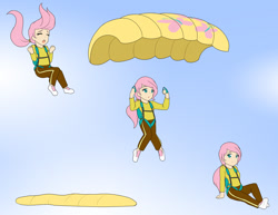 Size: 1280x988 | Tagged: safe, artist:jonfawkes, character:fluttershy, species:human, air ponyville, clothing, commission, cute, falling, female, humanized, long sleeve shirt, long sleeves, pants, parachute, ponytail, scared, sequence, shyabetes, sitting, skydiving, solo, sprite sheet
