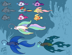 Size: 1441x1100 | Tagged: safe, artist:atryl, character:applejack, character:fluttershy, character:pinkie pie, character:princess celestia, character:princess luna, character:queen chrysalis, character:rainbow dash, character:rarity, character:twilight sparkle, angler fish, fish, fishified, flutterfish, grin, mane six, maybe salmon, my little x, original species, rainbow trout, rarifish, smiling, smirk, species swap