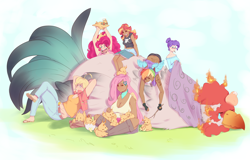Size: 4734x3030 | Tagged: safe, artist:sundown, character:applejack, character:fluttershy, character:pinkie pie, character:rainbow dash, character:rarity, character:sunset shimmer, species:human, species:rooster, absurd resolution, basan, big breasts, blanket, breasts, busty fluttershy, busty sunset shimmer, chicks, cigarette, cleavage, clothing, cute, cutie mark tattoo, dark skin, fire, flip-flops, glasses, goggles, head lump, horned humanization, humane five, humanized, jacqueline applebuck, juliette d'rarie, monster, sandals, scarf, smiling, smoking, tattoo, winged humanization, wings