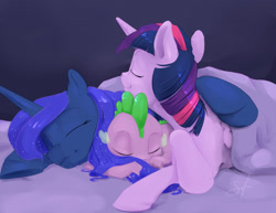 Size: 1280x989 | Tagged: safe, artist:silfoe, character:princess luna, character:spike, character:twilight sparkle, character:twilight sparkle (alicorn), species:alicorn, species:dragon, species:pony, royal sketchbook, ship:twiluna, bed, blanket, cuddle puddle, cuddling, eyes closed, family, female, lesbian, male, pony pile, shipping, silfoe is trying to murder us, sleeping, smiling, snuggling, spikelove