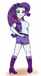 Size: 1889x3472 | Tagged: safe, artist:sumin6301, character:rarity, my little pony:equestria girls, ass, boots, breasts, clothing, female, high heel boots, legs, looking at you, looking back, looking back at you, rearity, shorts, simple background, solo, white background