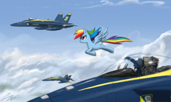 Size: 1500x901 | Tagged: safe, artist:johnjoseco, character:rainbow dash, species:human, species:pegasus, species:pony, g4, blue angels, female, flying, mare, photoshop, solo