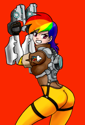 Size: 2000x2933 | Tagged: safe, artist:ixalon, artist:johnjoseco, edit, character:rainbow dash, species:human, ass, clothing, color edit, colored, female, humanized, overwatch, rainbow tracer, rainbutt dash, red background, simple background, solo, tracer