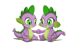 Size: 2560x1600 | Tagged: safe, artist:mysticalpha, character:barb, character:spike, species:dragon, baby, baby dragon, barbabetes, claws, cute, fangs, female, green eyes, holding hands, looking at each other, male, rule 63, rule63betes, self dragondox, selfcest, shadow, shipping, signature, simple background, sitting, smiling, spikabetes, spikebarb, white background