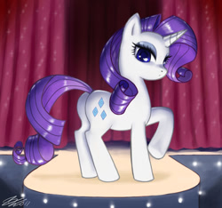 Size: 1200x1122 | Tagged: safe, artist:johnjoseco, character:rarity, species:pony, species:unicorn, g4, curtains, female, mare, photoshop, runway, solo, stage