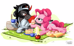 Size: 2560x1600 | Tagged: safe, artist:mysticalpha, character:king sombra, character:pinkie pie, species:earth pony, species:pony, species:unicorn, apple, armor, basket, cake, cape, clothing, colored horn, crack shipping, cupcake, curved horn, cute, diapinkes, drink, female, food, horn, lidded eyes, looking at each other, male, mare, picnic, picnic basket, picnic blanket, plate, prone, shipping, smiling, sombra horn, sombradorable, sombrapie, stallion, steam, straight, tea, teacup, teapot, underhoof