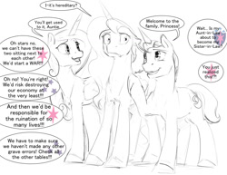 Size: 1280x989 | Tagged: safe, artist:silfoe, character:night light, character:princess cadance, character:princess luna, species:alicorn, species:pony, species:unicorn, black and white, consoling, cutie mark, dialogue, floppy ears, folded wings, grayscale, grimace, implied shining armor, implied twilight sparkle, implied twilight velvet, monochrome, open mouth, panic, partial color, raised hoof, simple background, smiling, speech bubble, terrified, thousand yard stare, trio, white background