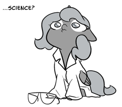 Size: 623x549 | Tagged: safe, artist:egophiliac, character:princess luna, species:alicorn, species:pony, moonstuck, clothing, female, filly, glasses, grayscale, lab coat, monochrome, pouting, sad, science woona, simple background, sitting, solo, transparent background, tumblr, wavy mouth, woona, younger