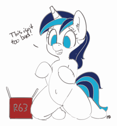 Size: 1280x1371 | Tagged: source needed, safe, artist:pabbley, character:shining armor, species:pony, species:unicorn, anatomically incorrect, belly button, box, colored, cute, dialogue, ear fluff, gleamibetes, gleaming shield, happy, implied transgender transformation, incorrect leg anatomy, kneeling, open mouth, rule 63, rule63betes, shining adorable, simple background, smiling, solo, white background
