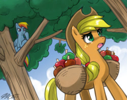 Size: 1020x805 | Tagged: safe, artist:johnjoseco, character:applejack, character:rainbow dash, species:earth pony, species:pegasus, species:pony, g4, apple, basket, female, food, mare, photoshop, tree