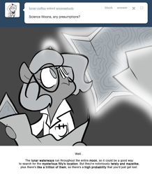 Size: 666x763 | Tagged: safe, artist:egophiliac, character:princess luna, moonstuck, clothing, female, filly, glasses, grayscale, lab coat, magic, map, monochrome, science woona, solo, tumblr, tumblr comic, woona, younger