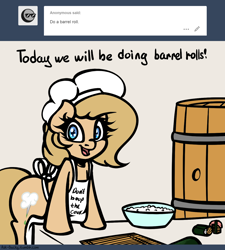 Size: 1280x1420 | Tagged: safe, artist:slavedemorto, oc, oc only, oc:backy, species:earth pony, species:pony, apron, ask, barrel, barrel roll, bipedal, bipedal leaning, bowl, chef, clothing, dialogue, food, leaning, literal, literal minded, looking at you, open mouth, pun, rice, smiling, solo, sushi, tumblr