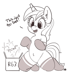 Size: 1280x1371 | Tagged: safe, artist:pabbley, character:shining armor, species:pony, anatomically incorrect, belly button, box, clothing, dialogue, ear fluff, gleaming shield, grayscale, incorrect leg anatomy, kneeling, monochrome, open mouth, rule 63, simple background, smiling, socks, socks edit, solo, white background