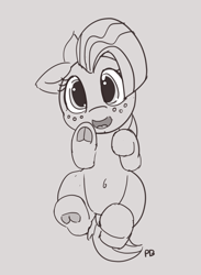 Size: 1280x1745 | Tagged: safe, artist:pabbley, character:babs seed, species:earth pony, species:pony, 30 minute art challenge, belly button, cute, female, frog (hoof), grayscale, hoofbutt, lineart, monochrome, on back, open mouth, simple background, solo, underhoof, weapons-grade cute