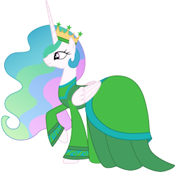Size: 1017x1001 | Tagged: safe, artist:cloudyglow, character:princess celestia, species:pony, beauty and the beast, clothes swap, clothing, cosplay, costume, crossover, crown, disney, dress, enchantress, female, green, jewelry, mare, raised hoof, regalia, simple background, smiling, solo, transparent background, vector
