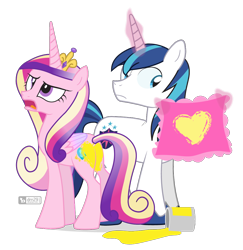 Size: 980x1008 | Tagged: safe, artist:dm29, character:princess cadance, character:shining armor, species:alicorn, species:pony, species:unicorn, episode:hearts and hooves day, g4, my little pony: friendship is magic, annoyed, duo, female, handkerchief, heart, lovebutt, male, mare, open mouth, paint, pillow, plot, simple background, stallion, transparent background, wet paint