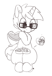 Size: 1280x1863 | Tagged: safe, artist:pabbley, oc, oc only, oc:bandy cyoot, oc:lore love, species:pony, box of chocolates, glasses, monochrome, one eye closed, raccoon pony, simple background, sitting, tongue out, valentine, valentine's day, white background, wink