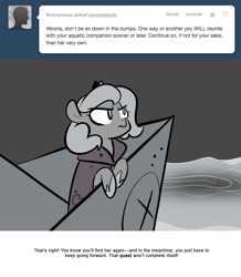 Size: 666x763 | Tagged: safe, artist:egophiliac, character:princess luna, moonstuck, cartographer's hat-boat, female, filly, grayscale, marauder's mantle, monochrome, solo, tumblr, tumblr comic, water, whirlpool, woona, younger