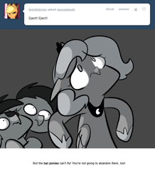 Size: 666x763 | Tagged: safe, artist:egophiliac, character:princess luna, oc, oc:frolicsome meadowlark, oc:sunshine smiles (egophiliac), species:bat pony, species:pony, moonstuck, eyepatch, filly, grayscale, monochrome, scared, tumblr, tumblr comic, woona, woonoggles, younger