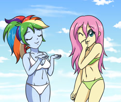 Size: 3507x2952 | Tagged: safe, artist:sumin6301, character:fluttershy, character:rainbow dash, ship:flutterdash, my little pony:equestria girls, alternate hairstyle, belly button, bikini, bra, clothing, cloud, eyes closed, female, green swimsuit, lesbian, looking at you, panties, shipping, sky, swimsuit, underwear, white swimsuit