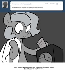 Size: 666x763 | Tagged: safe, artist:egophiliac, character:princess luna, moonstuck, ask, clothing, female, filly, lab coat, monochrome, neo noir, partial color, punch clock, science woona, solo, tumblr, woona, younger