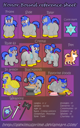 Size: 1024x1644 | Tagged: safe, artist:aleximusprime, oc, oc only, oc:faithful bond, oc:honor bound, species:crystal pony, species:dog, species:pony, species:unicorn, anvil, armor, belly, bhm, big belly, blacksmith, broken horn, chubby, cute, cutie mark, fat, female, food, hammer, large butt, male, mare, reference sheet, rule 63, shield, smithing, stallion, sword, war hammer, weapon