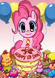 Size: 780x1101 | Tagged: safe, artist:johnjoseco, character:pinkie pie, species:earth pony, species:pony, g4, balloon, birthday, cake, cute, diapinkes, female, looking at you, mare, photoshop, solo