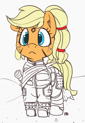 Size: 1280x1854 | Tagged: safe, artist:pabbley, character:applejack, species:earth pony, species:pony, alternate hairstyle, armor, clothing, crossover, dune, female, fremen, partial color, solo, stillsuit