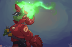 Size: 1200x777 | Tagged: safe, artist:atryl, oc, oc only, oc:kazlee, species:anthro, species:pony, anthro oc, clothing, commission, cosplay, costume, ear piercing, fancy dress uniform, female, fire, gentle manne's service medal, green fire, grenade, hat, mare, patreon, patreon logo, piercing, scorching flames, soldier, solo, team captain, team fortress 2, unusual hat